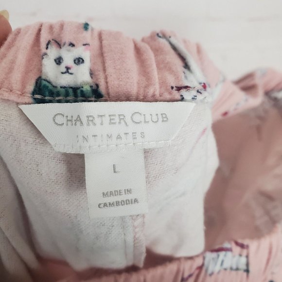 NEW Charter Club Womens Flannel Mix It Pajama Set Sz L Holiday Cat Kitty V-neck - Picture 7 of 16